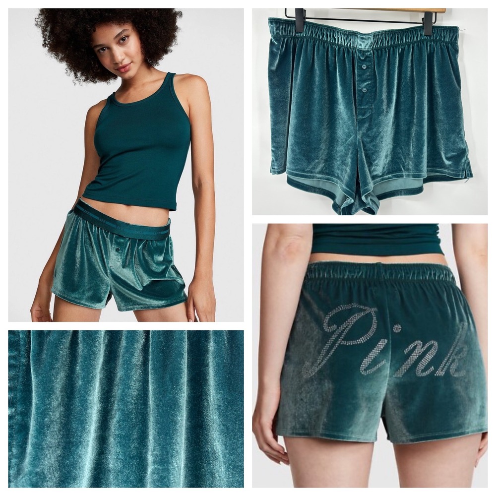 PINK Victoria's Secret Velvet Boxy Pajama Shorts Teal Green Rhinestone Logo‎ L